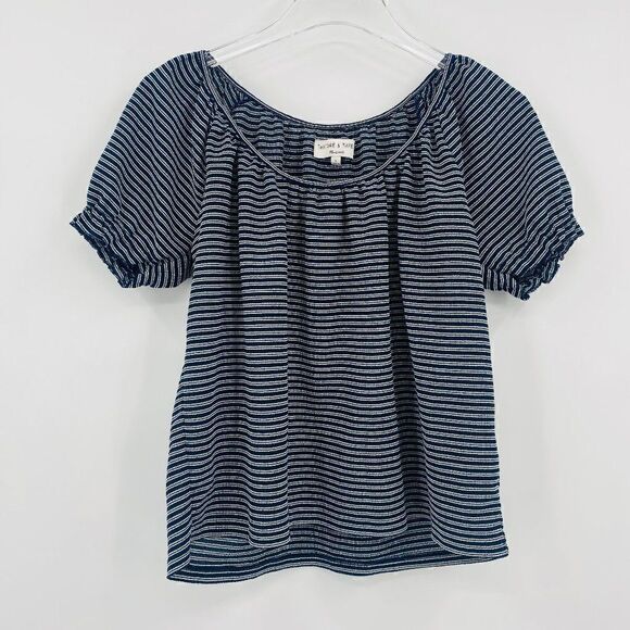 Madewell Texture & Thread Size Small Navy Blue & White Striped Peasant Top - Picture 2 of 10
